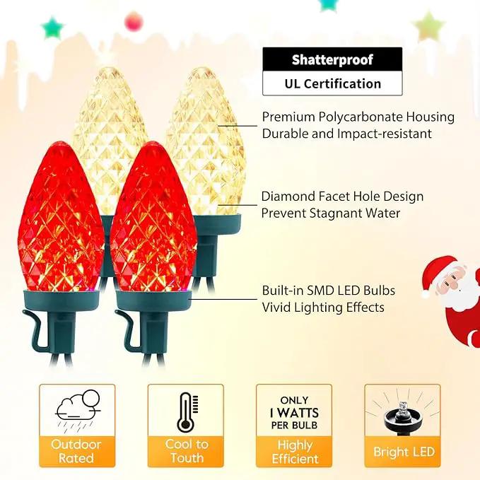 Brightown C9 LED Christmas String Lights, 66ft 100 LED Waterproof Strawberry String Lights, Plug-in Extendable Green Wire Lights String for Outdoor Outside Patio Party Decoration, Red and Warm White, photo 2 of 8