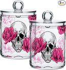 2 Pack Qtip Holder Dispenser Skull Rose Flower Bathroom Storage Canister Lid Acrylic Plastic Apothecary Jar Set Vanity Makeup Organizer for Cotton Swab/Ball/Round Pads, Floss by CozyNest Decor