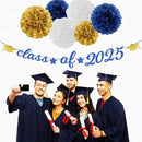 Navy-Blue Gold-White Party-Decoration Graduation Banner - 14pcs Kits Cap Garland Streamers, Royal Paper Tissue Pom Poms Flowers Fans Honeycomb,Class Of 2025 College High School Grad Decor Hugfond by CozyNest Decor