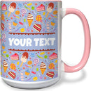 Personalized Mug for Kids - Sweets - Custom Name/Text, Ceramic Hot Chocolate/Cocoa/Coffee Cup for Boys/Girls, Birthday/Christmas/Holiday Gift - 15 oz, Pink Handle by TinyTreasures Baby Boutique