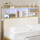 Headboard with 3-Tier Storage Shelves, Velvet Upholstered Head Board with 2 Outlets, USB Ports & LED Light, Soft Backrest for Queen Size Bed, White and Gold BH15203AV1 by CozyNest Decor