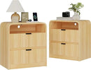 FURSUN 24" Fluted Nightstand Set of 2 with Charging Station, Wooden End Table with 2 Drawers Storage, Curved Profile Design, Modern Bedside Cabinet for Bedroom Living Room, Natural Oak by CozyNest Decor