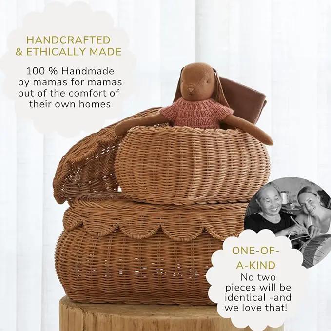 BEBE BASK The Original Scalloped Basket Set Of 2 - Small Scallop Basket - 15 x 10 x 6 In - Hand-Woven & Award-Winning - Elegant Wicker With Scalloped Edge Lid - Nursery Storage - (Mocca), photo 7 of 9