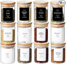 12 Pcs Glass Spice Jars With 296 Spice Labels Preprinted of White and Black Color- 6oz Thicken(2.4mm) Spice Containers With Bamboo Airtight Lids - Empty Small Herb Seasoning Jars by CozyNest Decor