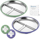Stainless Steel Toddler Plate with Suction, 9” Divided Plates with Removable Silicone Sleeves for Baby, Non Toxic & BPA Free | Non Slip | Unbreakable Kids Snack Dishes Set of 2, Green & Purple by TinyTreasures Baby Boutique