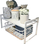Expandable Cabinet Shelf Organizer 16-26" L Stackable Kitchen Counter Shelf Rack Stand Sink Riser Countertop Storage White (Wide 10.6”D) by CozyNest Decor