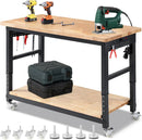 Workbench for Garage with Wheels 60 x 22 Inch Heavy Duty Rubberwood Tabletop Work Table with Under Table Shelf, Pegboard, Power Outlets for Woodworking Shop Home Office by GreenHaven Gardens