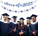 Navy-Blue White-Silver Party-Decoration Graduation Banner - 14pcs Kits Cap Garland Streamers, Royal Paper Tissue Pom Poms Flowers Fans Honeycomb,Class Of 2025 College High School Grad Decor Hugfond by CozyNest Decor