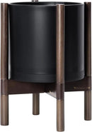 D'vine Dev Planter Pot with Stand - 10 Inch Plastic Cylinder Flower Pot with Wood Planter Holder for Indoor, Matte Black Pot + Walnut Color Stand, 55-C-L-2 by GreenHaven Gardens