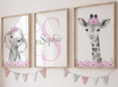 Safari Animals Girls Nursery Bedroom Unframed Set of 3 Poster Prints, Personalized Name Pink or Purple Flowers Wall Art Decor New Baby Gift Present, Elephant Giraffe Panda Zebra Lion (17x22) by TinyTreasures Baby Boutique