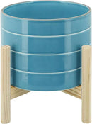 8" Ceramic Planter on Wooden Bamboo Stand - Contemporary Blue While Striped Design For Indoor or Outdoor Plants, Succulents, Cactus by GreenHaven Gardens