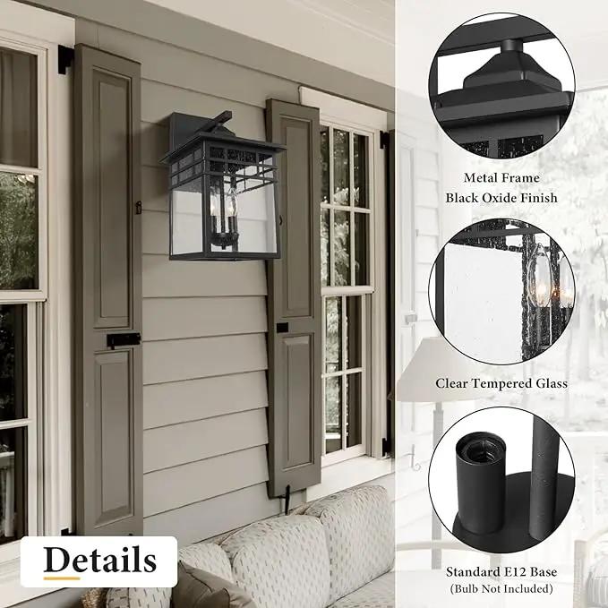 Outdoor Light Fixture Wall Mount, Black Exterior Light Fixture Wall Sconces with Seeded Glass for Front Porch, Large Waterproof Outdoor Square Wall Lantern Outside for House Doorway, photo 2 of 6