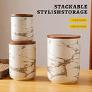 Ceramic Canister Set with Bamboo Airtight Lids, 3-Piece Kitchen Storage Jars (48oz, 30oz, 12oz) – White with Gold Marble Pattern, Glossy Finish, for Coffee, Sugar, Flour & More by CozyNest Decor