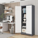 Garage Storage Cabinet,Broom Closet with Lock,Locking Cabinets with Hanging Rod & S-Hooks for School,Garage,Grey-White by CozyNest Decor