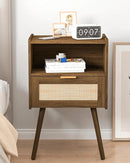 Rattan Nightstand,Modern Bedside Table with Storage Drawer and Open Wood Shelf, for Living Room, Bedroom and Small Spaces, Accent Night Stand with Solid Wood Legs, Easy Assembly,Walnut Brown by CozyNest Decor