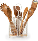 360° Rotating Kitchen Utensil Holder- 3 Compartment Organizer with Cork Bottom | Includes Premium 9-Piece Acacia Wood Utensil Set | Professional Luxury Design | Metal Utensil Crock (Matte white) by CozyNest Decor