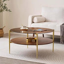 Extra Large Round Coffee Table, Mid-Century Modern Design, D34 x H17 in, for Living Room, 2-Tier Structure, Amber Glass Top and Walnut MDF Shelf, Sleek Conical Metal Legs with Gold Finish by CozyNest Decor