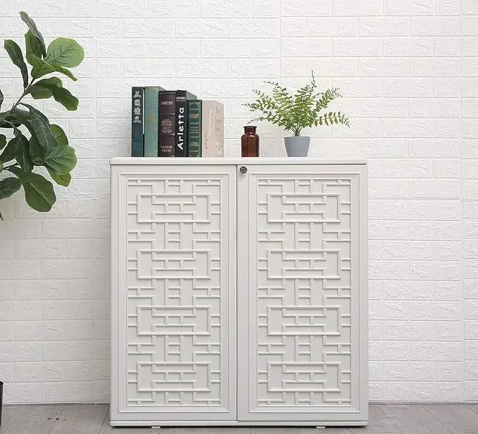 HOMSPARK Indoor/Outdoor Storage Cabinet with Doors and Shelf, 34”x16”x36” HDPE Plastic Storage Box for Patio, Bedroom, Bathroom, Living Room, Balcony, Multi-Purpose for Daily Tools, White, photo 2 of 8