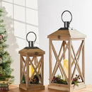 Glitzhome Mondern Farmhouse Wood Metal Lanterns Decorative Hanging Candle Lanterns Set of 2, Natural (No Glass) by CozyNest Decor