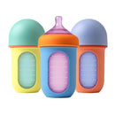 Boon Nursh Reusable Silicone Pouch Baby Bottles - Medium Flow Nipple - Silicone Baby Bottle Pouch and Nipple - Baby Feeding Essentials - Color Block - 3-6 Months - 3 Count - 8 Ounce by TinyTreasures Baby Boutique