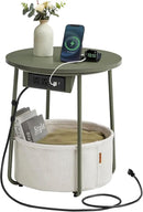 VASAGLE Side Table with Charging Station, Round End Table with Fabric Basket, Nightstand with Power Outlets, USB Ports, for Living Room, Bedroom, Modern, Forest Green and Cream White ULET228C04 by CozyNest Decor