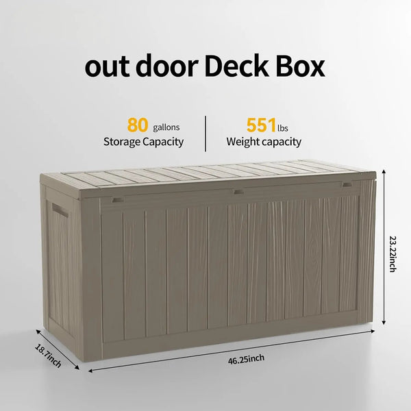 80 Gallon Resin Deck Box, Waterproof Outdoor Storage Bin for Patio Furniture, Pool Accessories, and Garden Tools, Lockable & UV-Resistant, Grey, photo 2 of 6