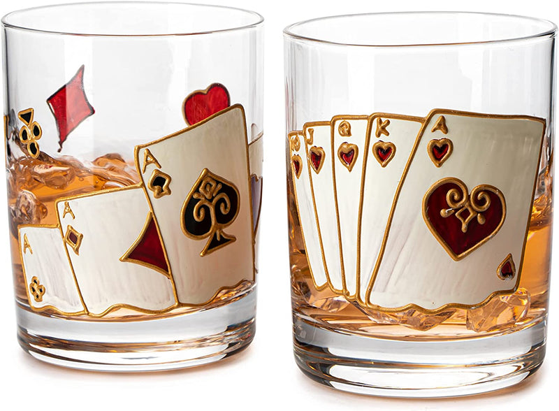 Playing Cards Drinking Glasses - Artisanal Hand Painted Players Casino Set of 2 Water, Wine & Whiskey Glasses - The Wine Savant - Crystal Glassware - Gift Idea for Him, Birthday, Housewarming - 12oz