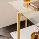 Square Glass End Table, Mid-Century Modern Design Sofa Table, for Living Room, L18 x W18 x H23, Clear Glass Top and White Marble MDF Shelf, Sleek Conical Metal Legs with Gold Finish by CozyNest Decor