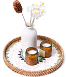 Round Rattan Tray with Mother of Pearl Inlay & Wooden Base - Decorative Wicker Serving Tray for Coffee/Bread/Fruits, Food Storage & Display - Multipurpose Home Decor (M,Bohemia) by CozyNest Decor