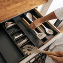 Adjustable Kitchen Drawer Organizer for Utensils and Junk, Food-Safe Contract Grade with 100% Sustainable Wood, Expandable from 19 to 33 Inches Wide - Black Bamboo by CozyNest Decor
