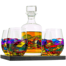 Artisanal Hand Painted Glassware Gift for Mom, Wife, Friend - Artisanal Barcelona Hand Painted Whiskey & Wine Decanter Set, Rennesance Romantic Stain-glassed Windows Glasses - Mothers Day