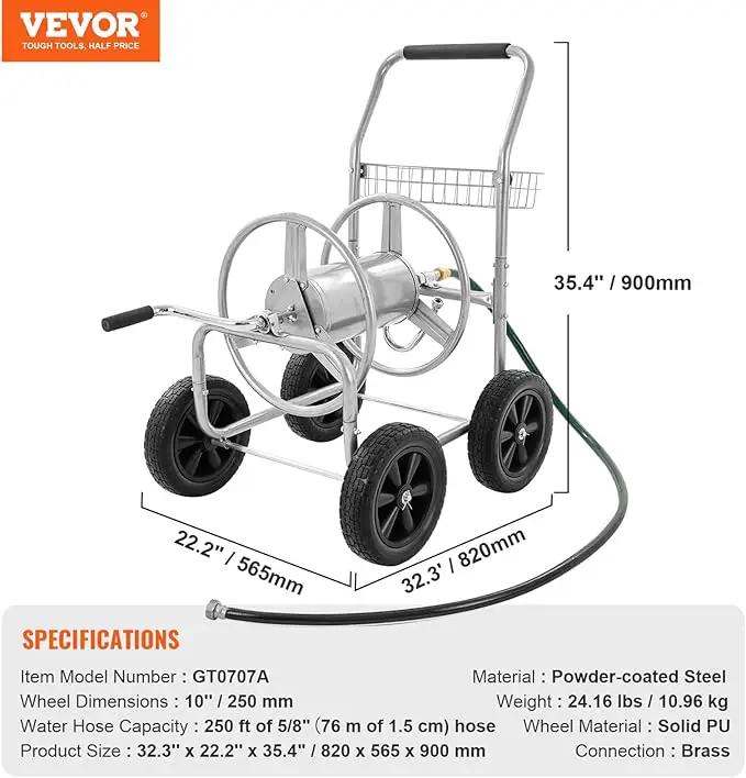 VEVOR Hose Reel Cart, Hold Up to 250 ft of 5/8’’ Hose, Garden Water Hose Carts Mobile Tools with 4 Wheels, Heavy Duty Powder-coated Steel Outdoor Planting with Storage Basket, for Garden, Yard, Lawn, photo 7 of 9