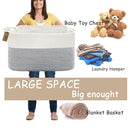 COMFY-HOMI Large Rectangle Laundry Storage Basket | Cotton Rope Woven, Organizing with Handle | Dirty Cloth & Baby Shower Basket | 22x15x12' - White/Grey by TinyTreasures Baby Boutique