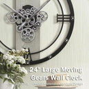 Micasso 24 inch Large Real Moving Gears Wall Clock: Black Industrial Steampunk Roman Numeral Clock - Modern Wall Decor for Living Room/Entryway/Office by CozyNest Decor