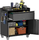 Metal Garage Storage Cabinet with Wheels and Pegboard, 35.4" H Lockable Tool Storage Cabinet with One Drawer, Adjustable Shelf and 4 Hooks for Garage, Warehouse, Black by GreenHaven Gardens