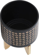 Sagebook Home 9.25" H 8" Diameter Natural Sand and Deep Brown Glazed Ceramic Dotted Planter on Brown Rubberwood Stand for Indoor and Outdoor Decorating by GreenHaven Gardens