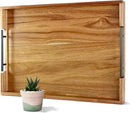 22 Inches Acacia Wood Serving Tray with Metal Handles, Large Wooden Rectangle Ottoman Tray, Decorative and Durable Design for Living Room Coffee Table Couch Kitchen by CozyNest Decor