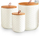JOJUNO White Ceramic Canister Set with Wooden Lids – 3-Piece Airtight Food Storage Jars for Kitchen, Embossed Design, Small/Medium/Large Sizes (30/48/82 oz) – Flour, Sugar, Coffee, Tea Containers by CozyNest Decor