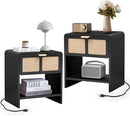 LEVNARY Nightstand with Charging Station, Mid-Century Modern Bedside Table with Curved Top Corners and Fabric-Like Textured Drawer, Wooden End Table for Farmhouse Bedroom Living Room (1, Black) by CozyNest Decor