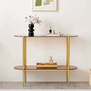 Oval Glass Console Table for Living Room, Foyer & Entrance, 2-Tiers Mid-Century Modern Sofa Table with Amber Glass Top, Walnut Finish Wood Top and Gold Finish Metal Frame by CozyNest Decor