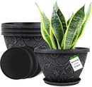 4 Pack 8 Inch Flower Pots for Outdoor Indoor, Plastic Plant Pots with Drainage Hole & Saucer, Lightweight Small Resin Flower Pot, Imitation Magnolia Pots for Garden House planters（Gray） by CozyNest Decor
