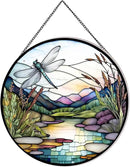 River and Dragonfly Pattern Suncatcher Stained Glass,Hanging Stained Glass for Windows,20cm/7.87inch Hand-Painted Sun Catcher Garden Hangings Painted Glass Panel Decor Themed Gift by GreenHaven Gardens
