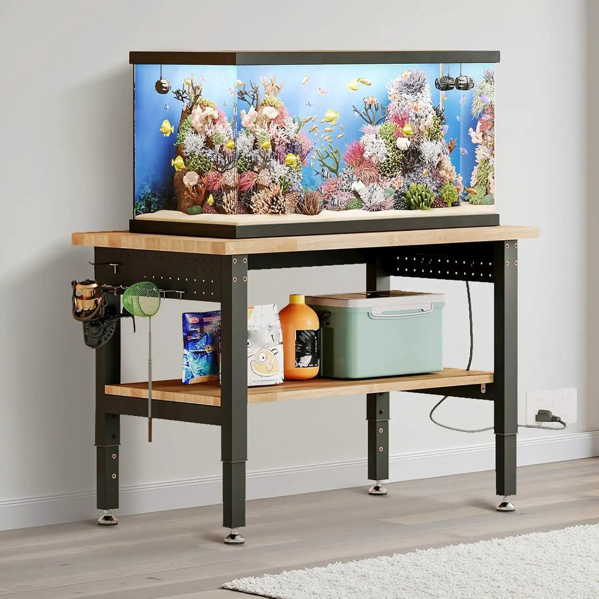 Albott 48" Adjustable 2-Tier Workbench with Solid Wood Top, Max 2000lbs Capacity, Built-in Power Strip with 4 AC Outlets & 2 USB Ports, Pegboard & 20 Hooks, Shop Garage Office, photo 4 of 6