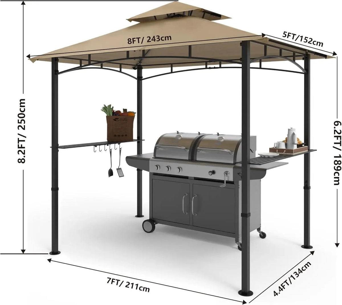 COOSHADE 8'x 5' Grill Gazebo Double Tiered Outdoor BBQ Gazebo Canopy with LED Light (Khaki), photo 4 of 6