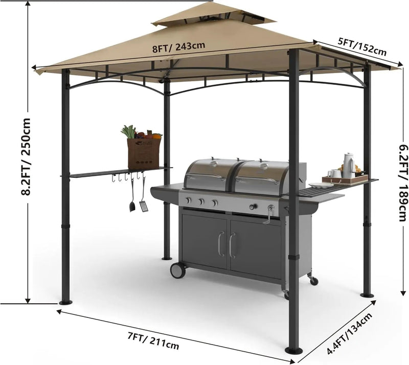 COOSHADE 8'x 5' Grill Gazebo Double Tiered Outdoor BBQ Gazebo Canopy with LED Light (Khaki), photo 4 of 6