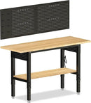 Adjustable Height Workbench, Heavy Duty Table Rubber Wood Workstation with Power Outlet & Pegboard for Garage, Office, Workshop, Home,Commercial (60"×22"|Shelf) by GreenHaven Gardens