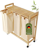 Laundry basket with wheels beige - Large Bamboo Laundry Sorter with Removable Cotton Bags - 3 Section laundry room organization - Durable, Eco-Friendly, and Stylish Storage Solution for Home by CozyNest Decor