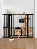 Babelio Upgraded Baby Gate with Cat Door, 29-43" Auto Close Durable Dog Gate for Stairs, Doorways and House, Easy Walk Thru Safety Gate with Pet Door Includes 4 Wall Cups, Black by TinyTreasures Baby Boutique