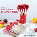 Silicone Cooking Utensils Set, Premium Beech Wood Handle Kitchen Gadgets Utensil Set, Non-Stick Kitchen Utensils Spatula, Tongs, Turner, Whisk, Brush, Spoon, BPA FREE, 446°F Resistant (Red) by CozyNest Decor