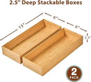 Umilife Bamboo Kitchen Drawer Organizer Boxes with Anti-Skid Silicone Feet, 2pcs Stackable Storage Bins for Kitchen Utensils & Silverware & Desk Drawer & Makeup, Tools Holder, 15”L x 6”W x 2.5”D Each by CozyNest Decor